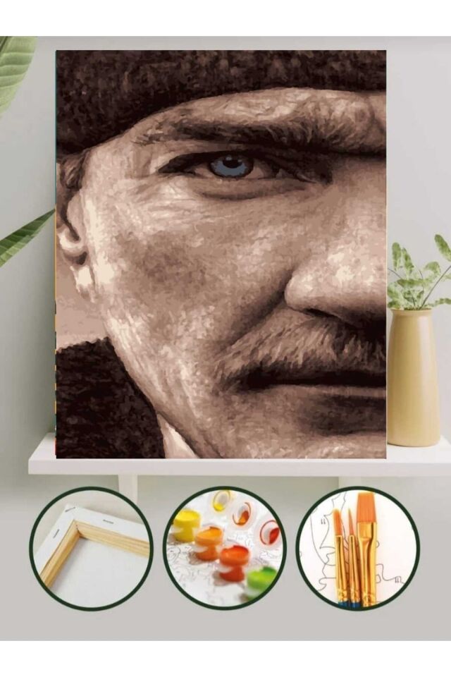 Sayılarla Boyama Kasnaklı Tablo Seti Fırça Boya Dahil 40x50 Atatürk1